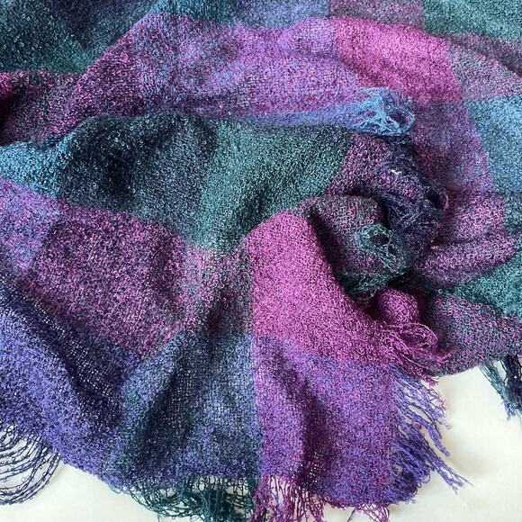 Baar and Beards Vintage Scarf Made in Japan Soft Nubby Checkered Purple Blue - Picture 8 of 11